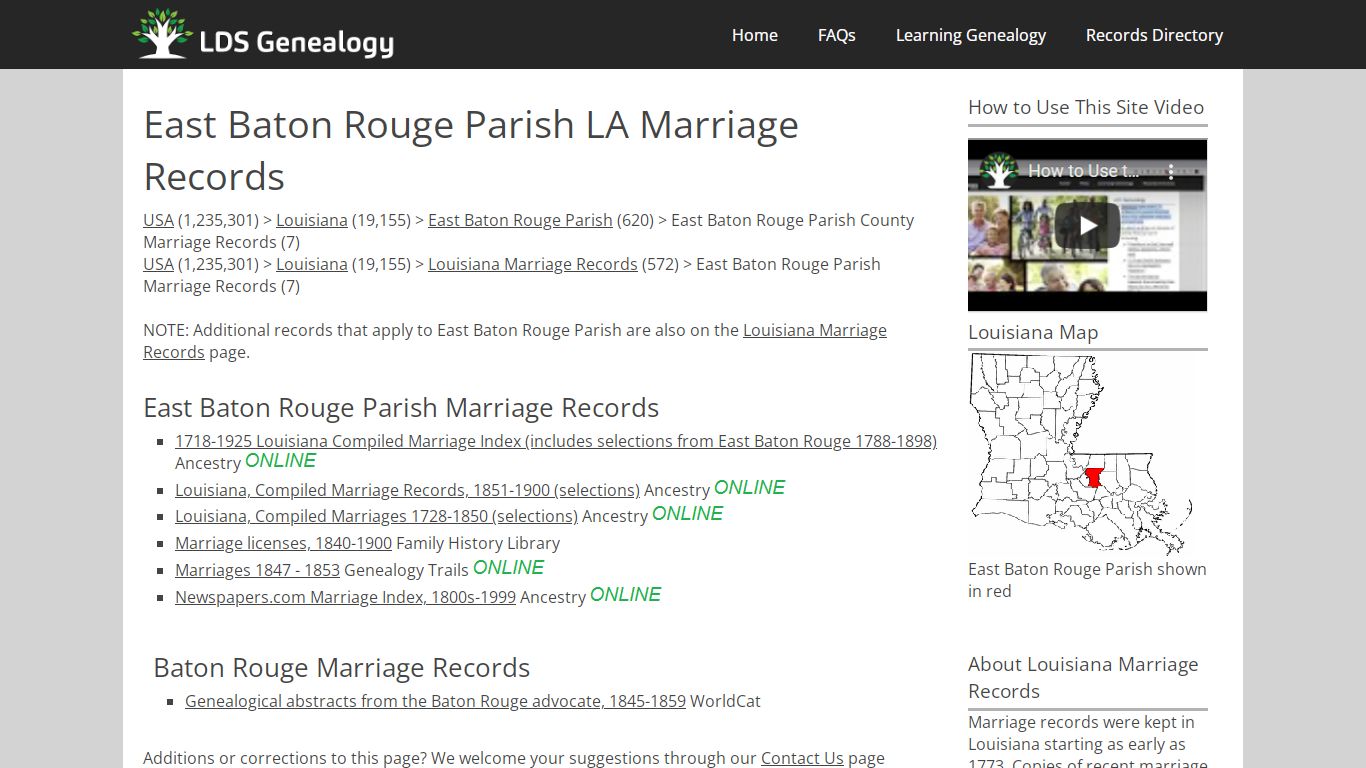 East Baton Rouge Parish LA Marriage Records - LDS Genealogy