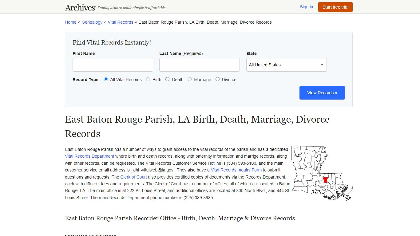 East Baton Rouge Parish, LA Birth, Death, Marriage ...